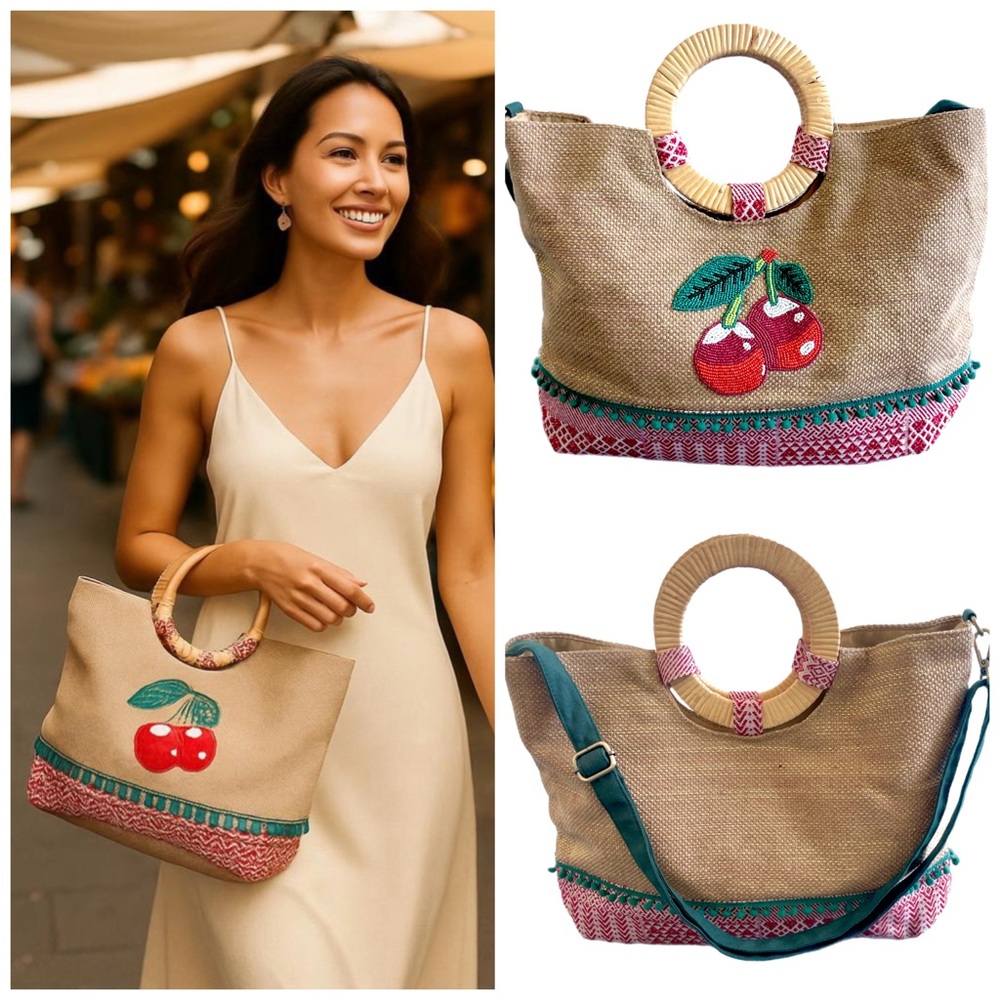 Chic Cherry Beaded Tote Bag with Bamboo Handles and Crossbody Strap